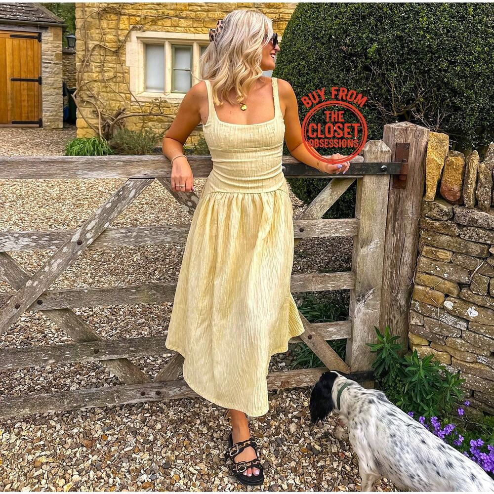 ZARA Yellow Textured Midi Dress NWT Square Neck Open Back Cottagecore Size S - Picture 14 of 16